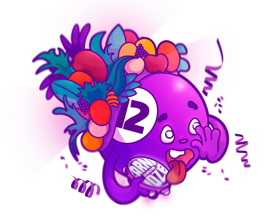 Pandozito, o mascote da CarnaDoze — uma bola 12 roxa de chapéu de frutas.